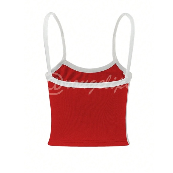 Red Crop Top Tank, White Binding Trim Stretchy - Picture 5 of 8